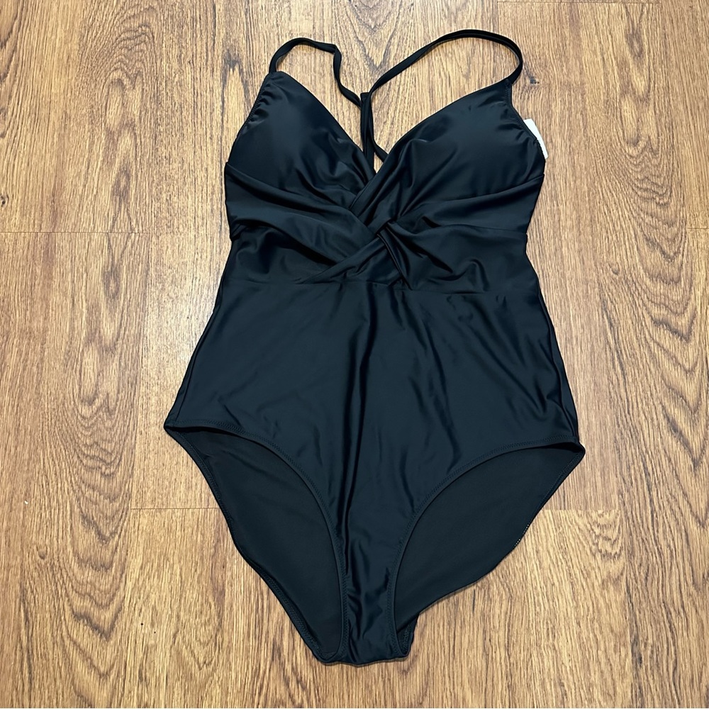 Aerie Black Front Twist Full Coverage One Piece Bathing suit Size XL NWT